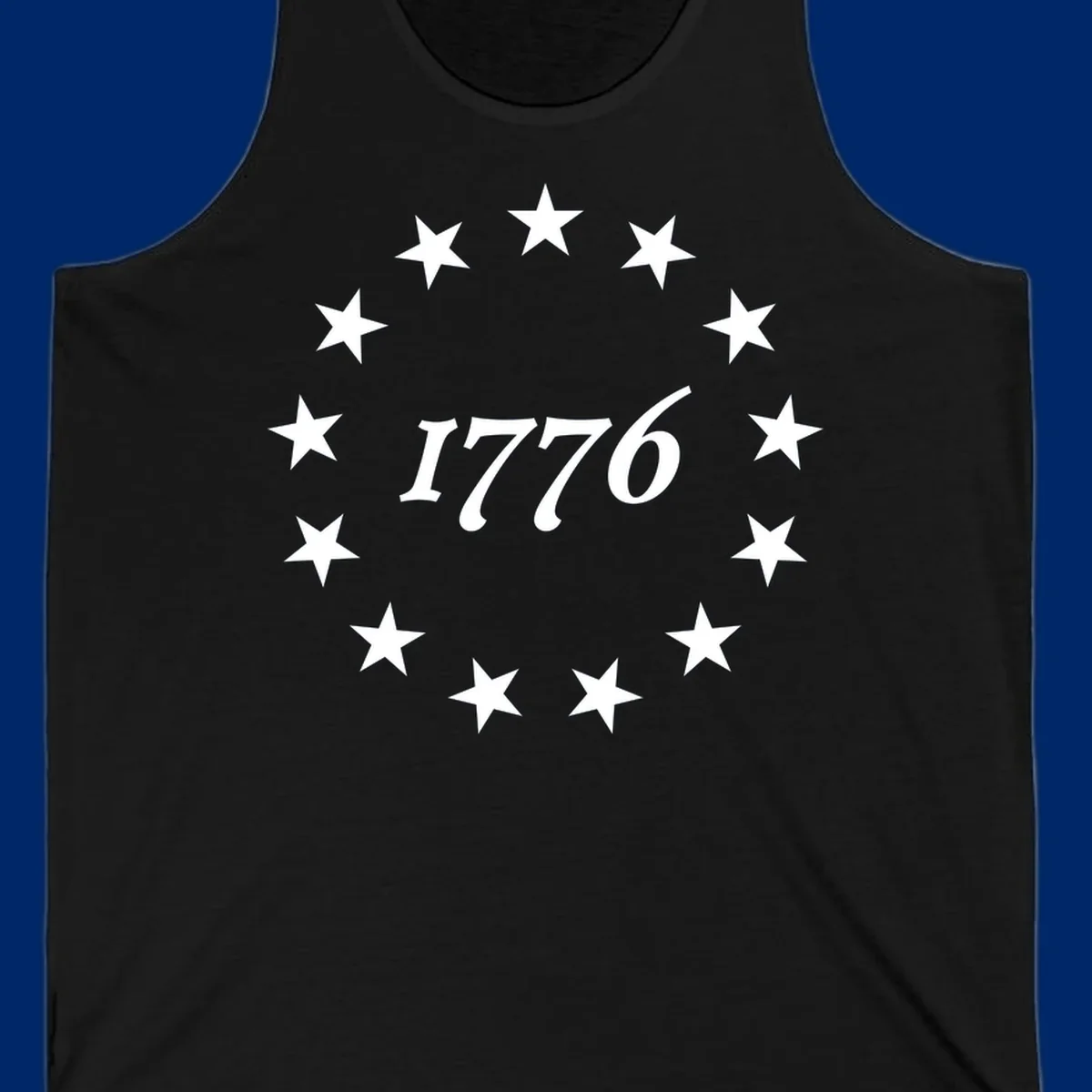 A black background design with white stylized text 'EST 1776' surrounded by white five-pointed stars, celebrating America 250th anniversary.