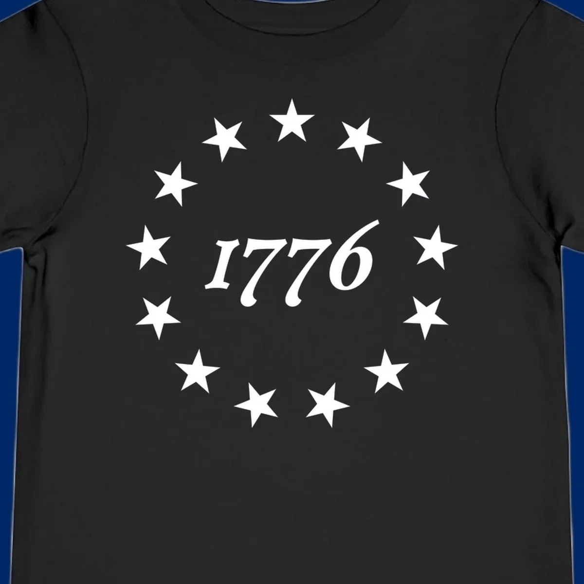 A black background design with white stylized text 'EST 1776' surrounded by white five-pointed stars, celebrating America 250th anniversary.