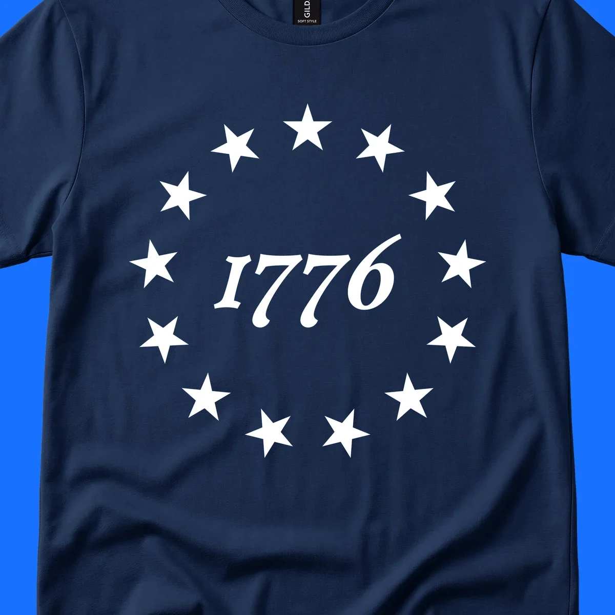 A black background design with white stylized text 'EST 1776' surrounded by white five-pointed stars, celebrating America 250th anniversary.