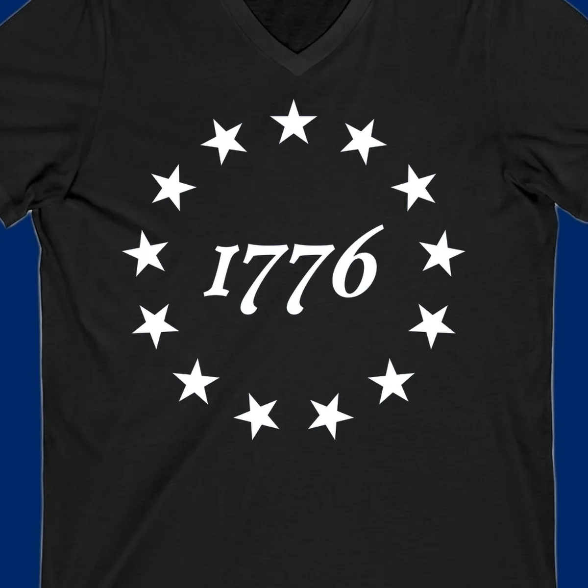 A black background design with white stylized text 'EST 1776' surrounded by white five-pointed stars, celebrating America 250th anniversary.