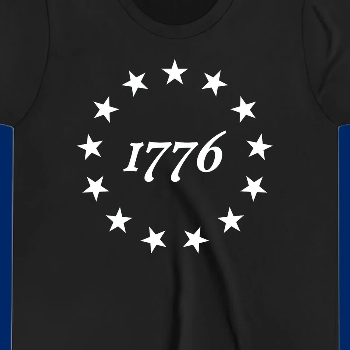 A black background design with white stylized text 'EST 1776' surrounded by white five-pointed stars, celebrating America 250th anniversary.