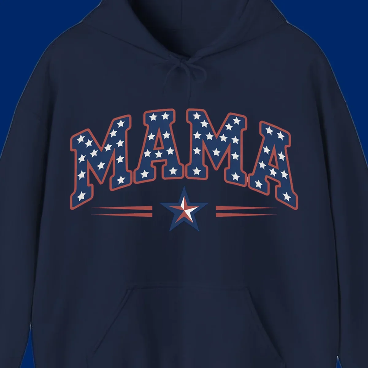 The word MAMA is styled in dark blue with white stars and a red outline. Below, a patriotic star graphic with red, white, and blue sections is flanked by red horizontal lines, representing patriotic-mama-stars.