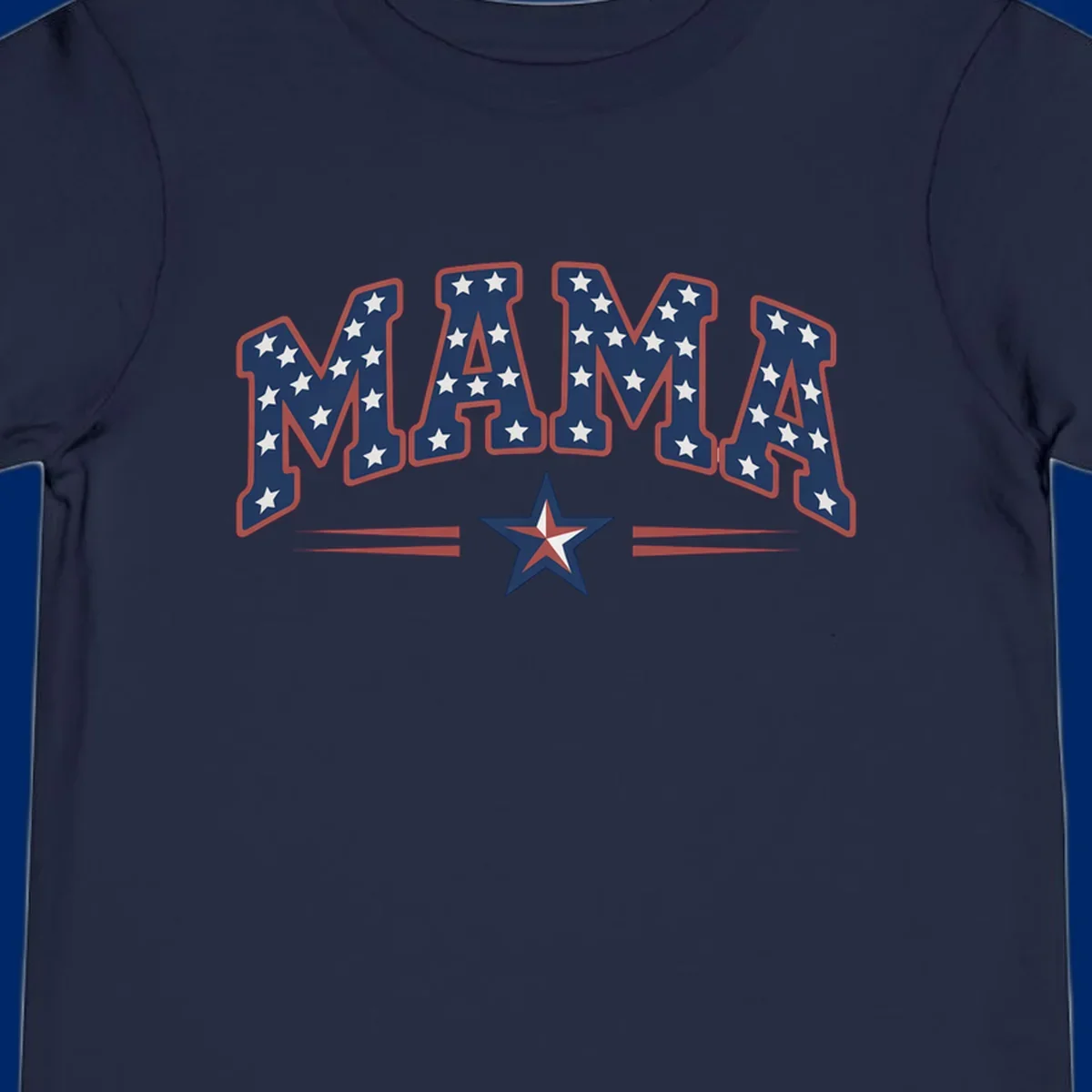 The word MAMA is styled in dark blue with white stars and a red outline. Below, a patriotic star graphic with red, white, and blue sections is flanked by red horizontal lines, representing patriotic-mama-stars.