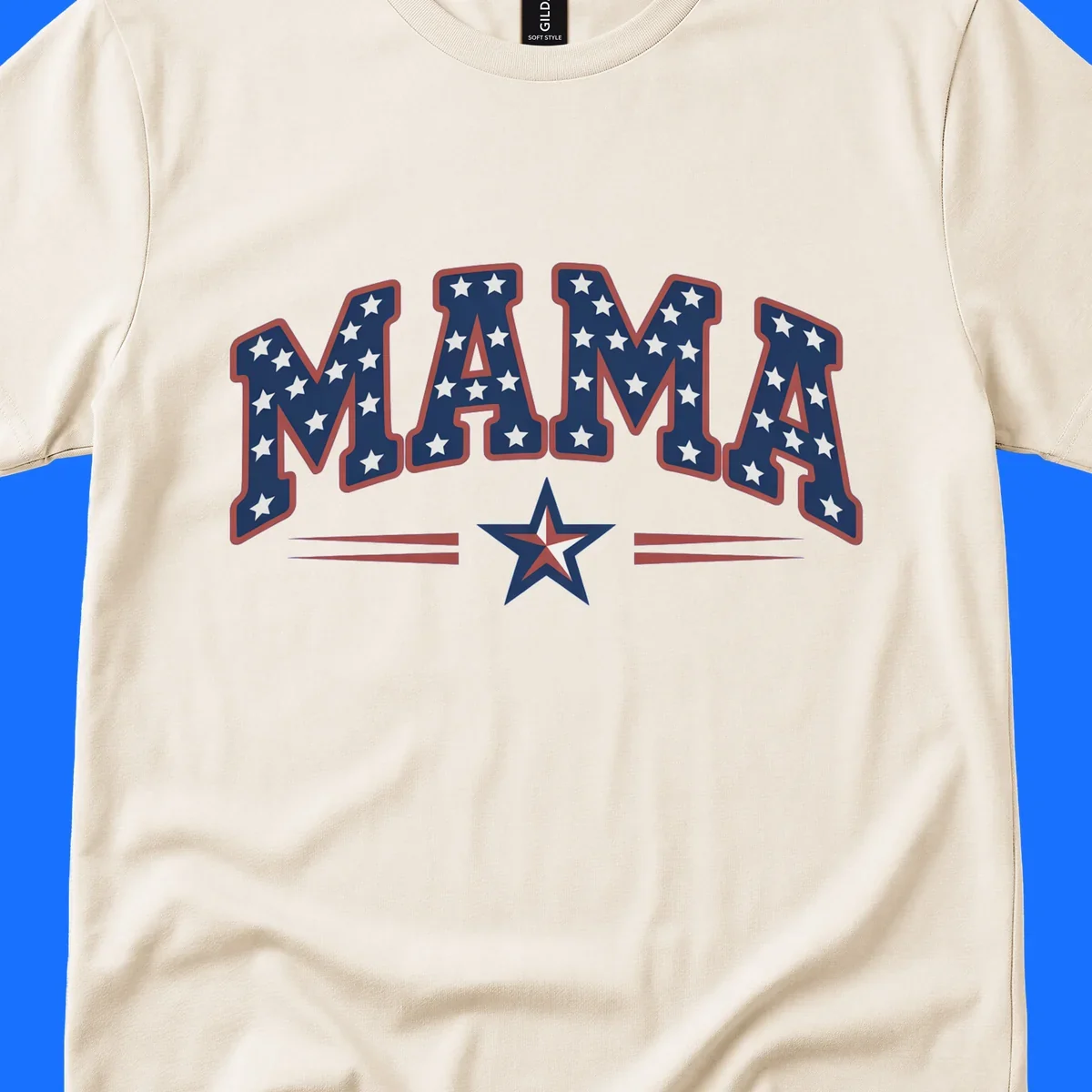 The word MAMA is styled in dark blue with white stars and a red outline. Below, a patriotic star graphic with red, white, and blue sections is flanked by red horizontal lines, representing patriotic-mama-stars.
