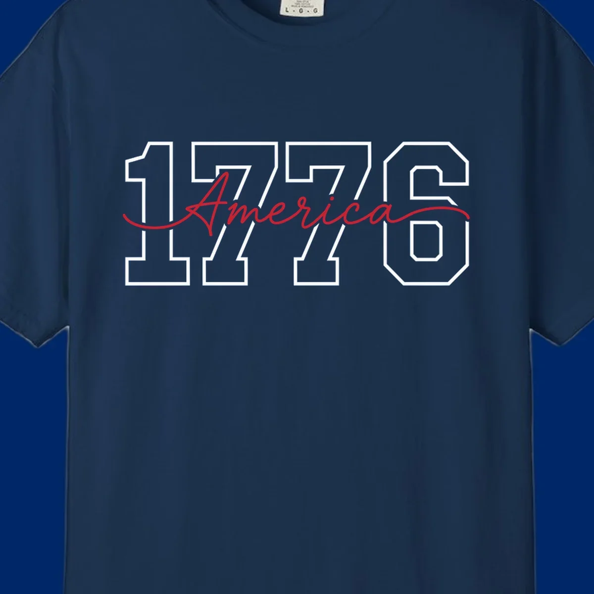 Design featuring '1776' in white block letters with 'America' in red script overlaid, for the Semiquincentennial.