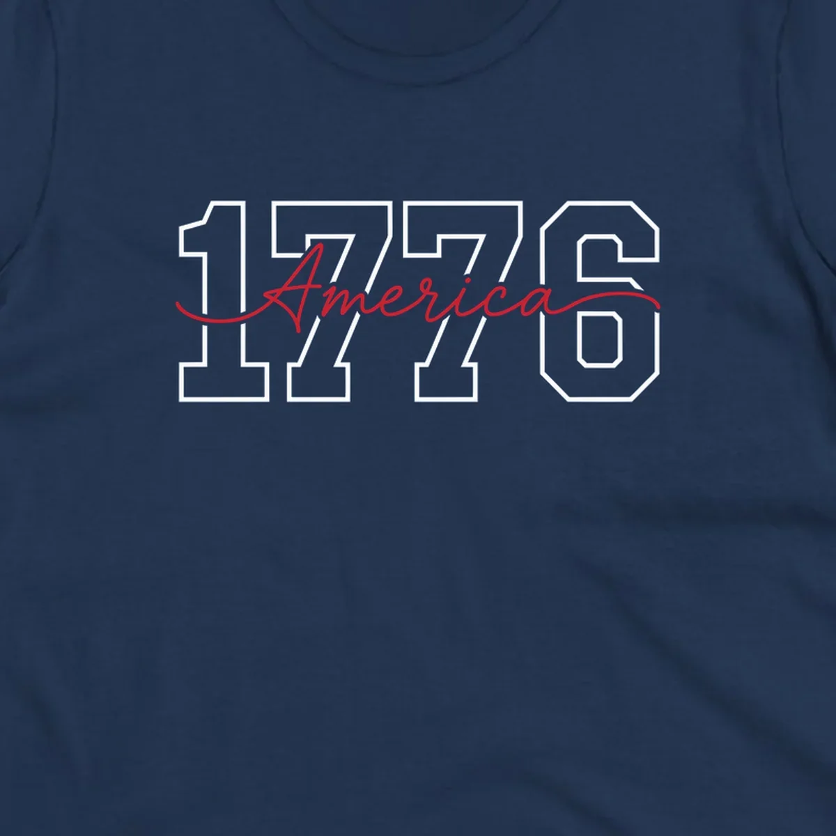 Design featuring '1776' in white block letters with 'America' in red script overlaid, for the Semiquincentennial.