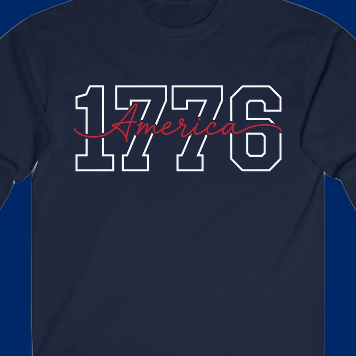 Design featuring '1776' in white block letters with 'America' in red script overlaid, for the Semiquincentennial.