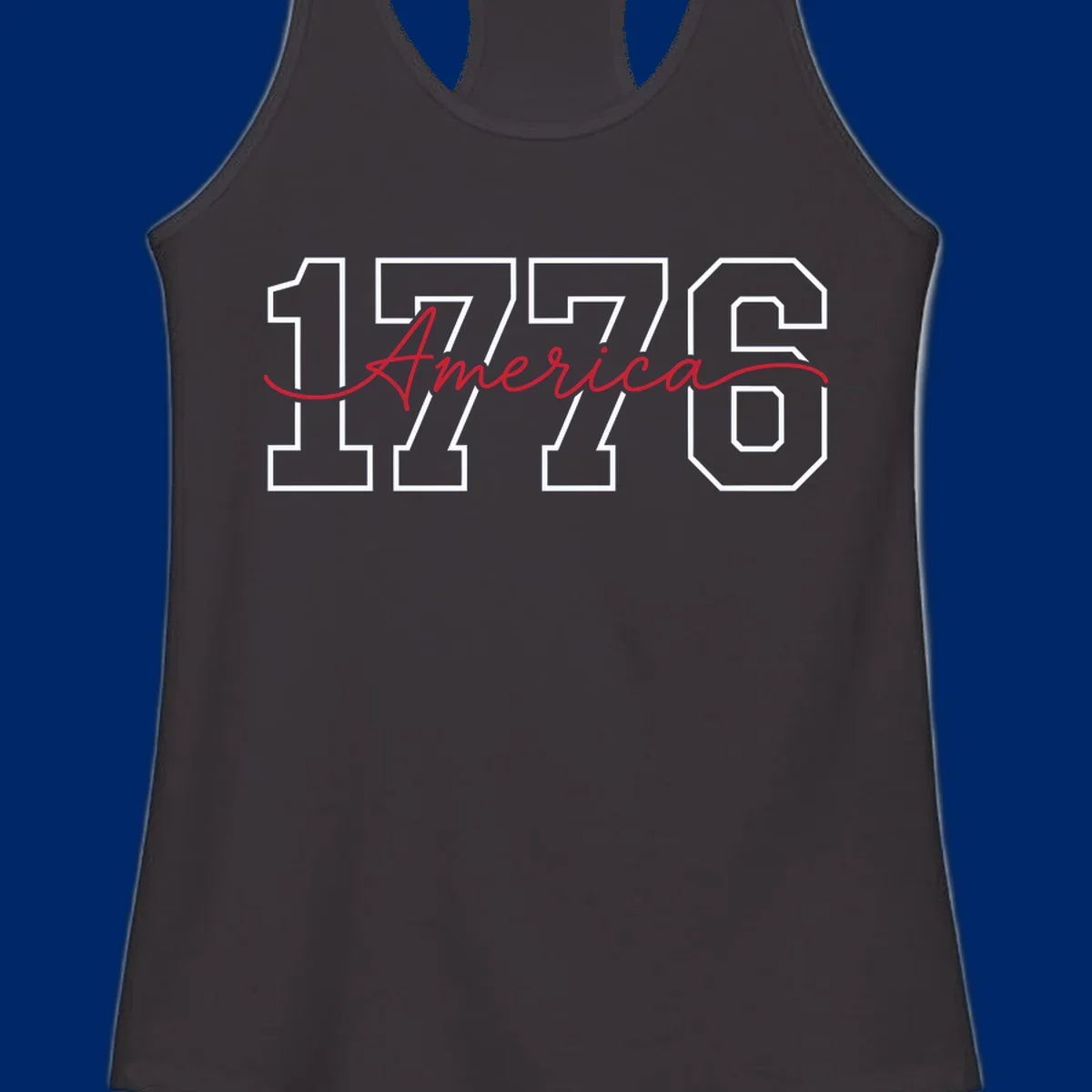 Design featuring '1776' in white block letters with 'America' in red script overlaid, for the Semiquincentennial.