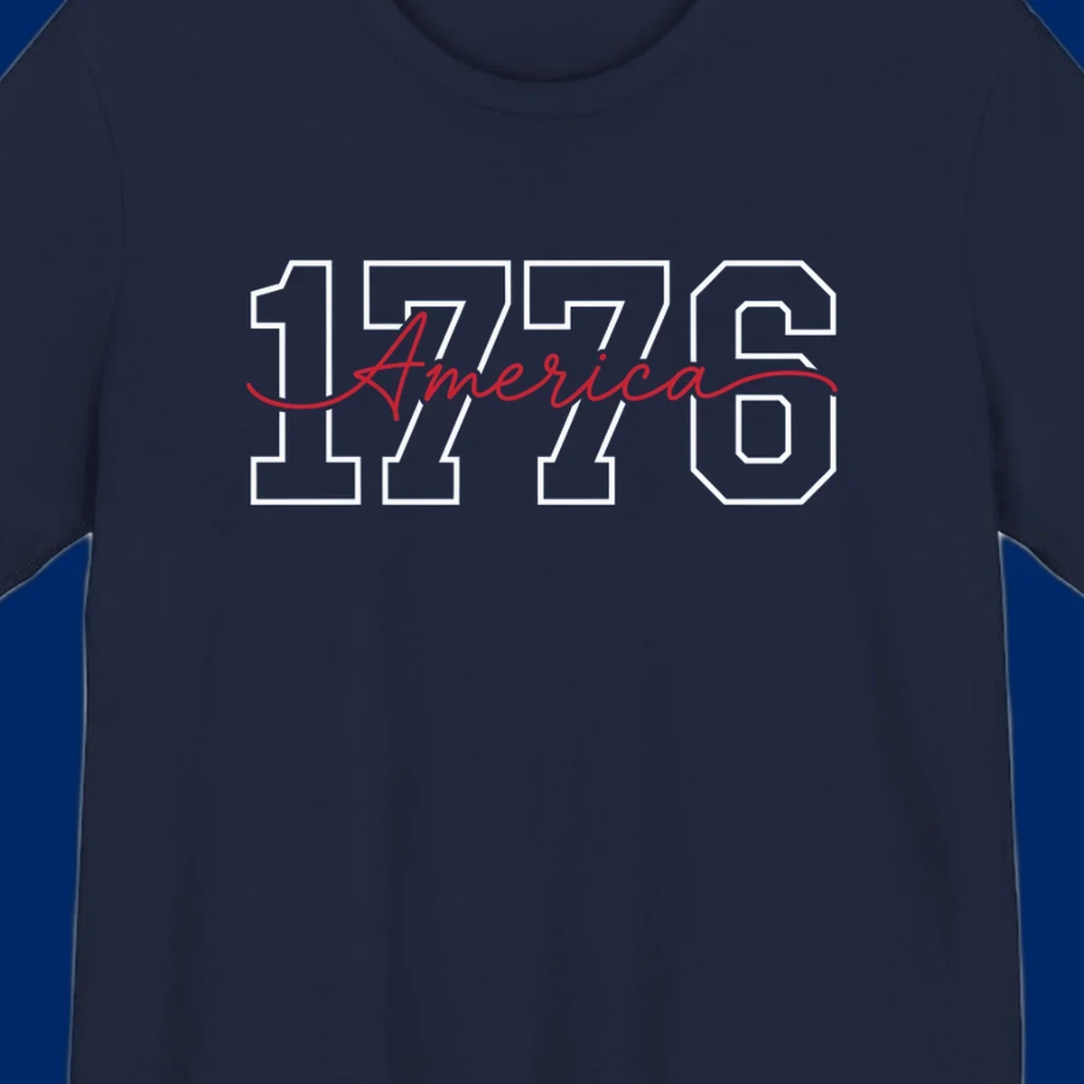 Design featuring '1776' in white block letters with 'America' in red script overlaid, for the Semiquincentennial.