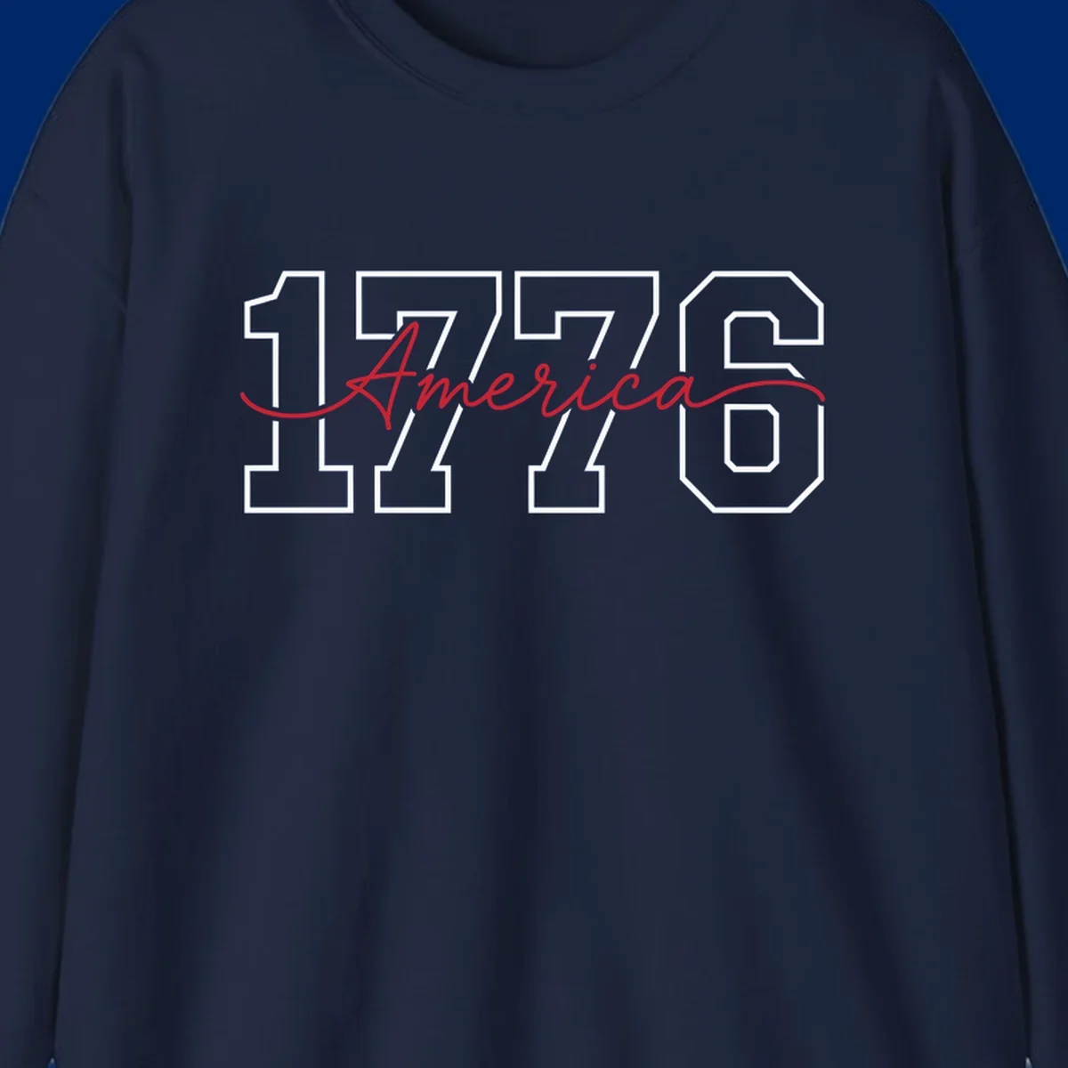 Design featuring '1776' in white block letters with 'America' in red script overlaid, for the Semiquincentennial.