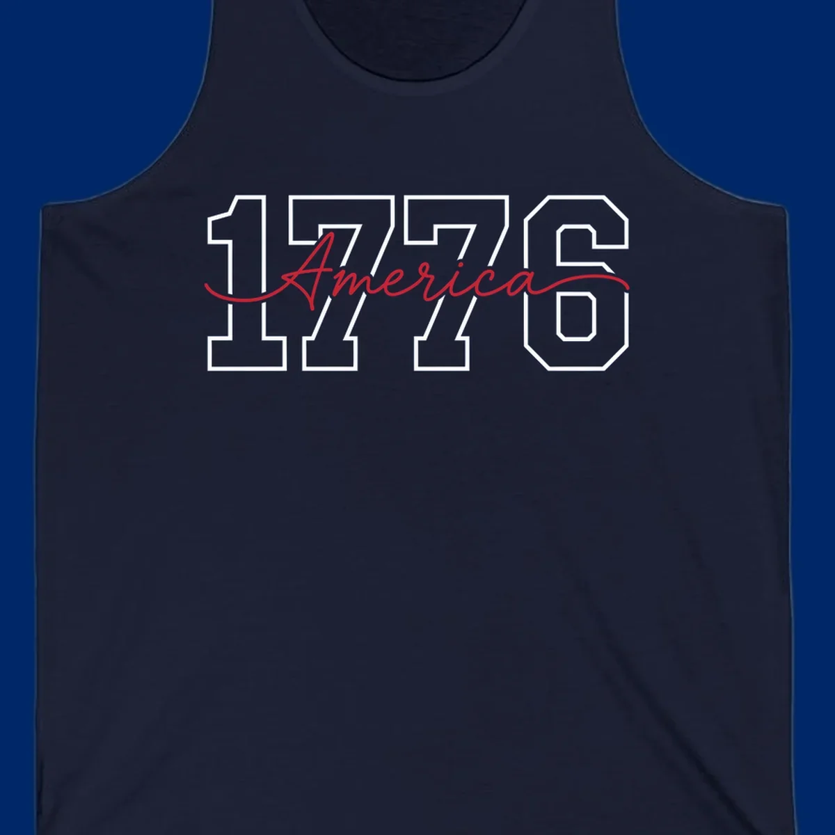Design featuring '1776' in white block letters with 'America' in red script overlaid, for the Semiquincentennial.