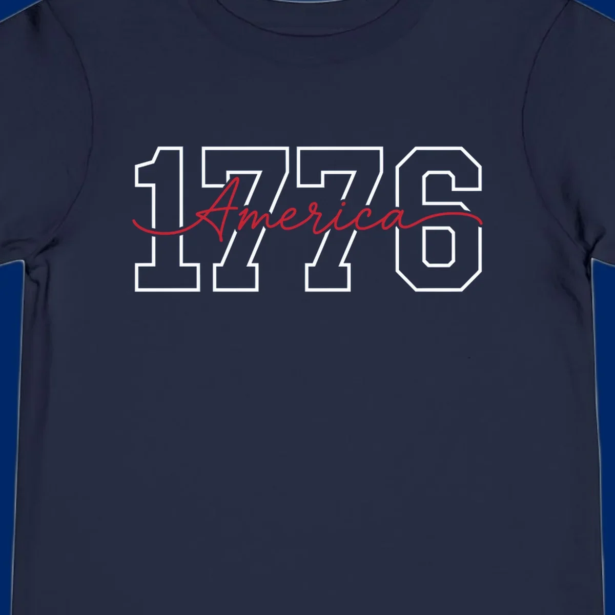Design featuring '1776' in white block letters with 'America' in red script overlaid, for the Semiquincentennial.