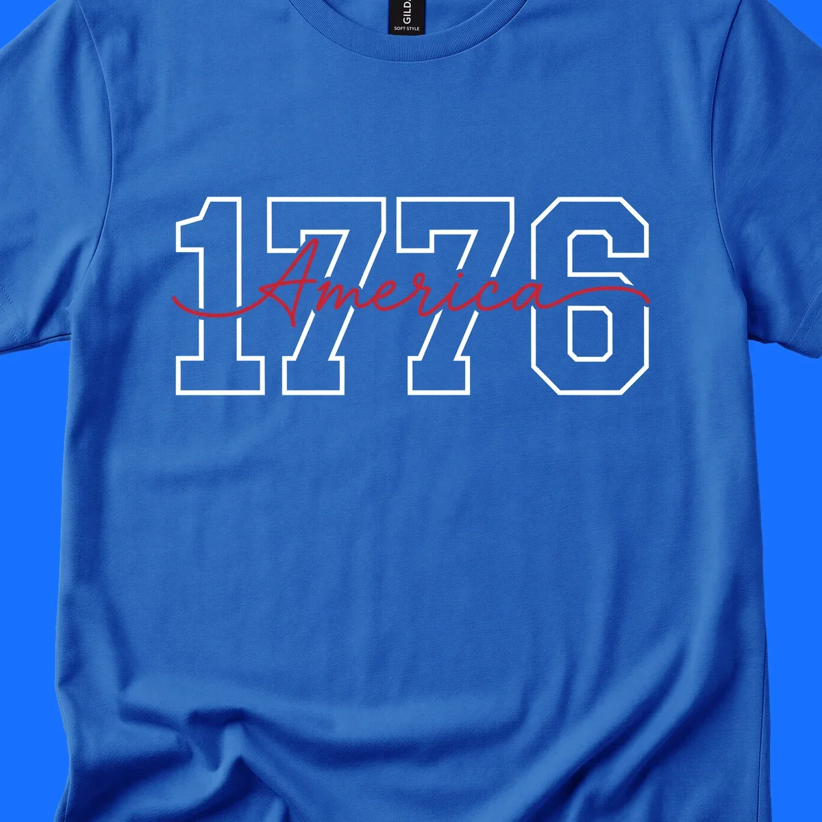 Design featuring '1776' in white block letters with 'America' in red script overlaid, for the Semiquincentennial.