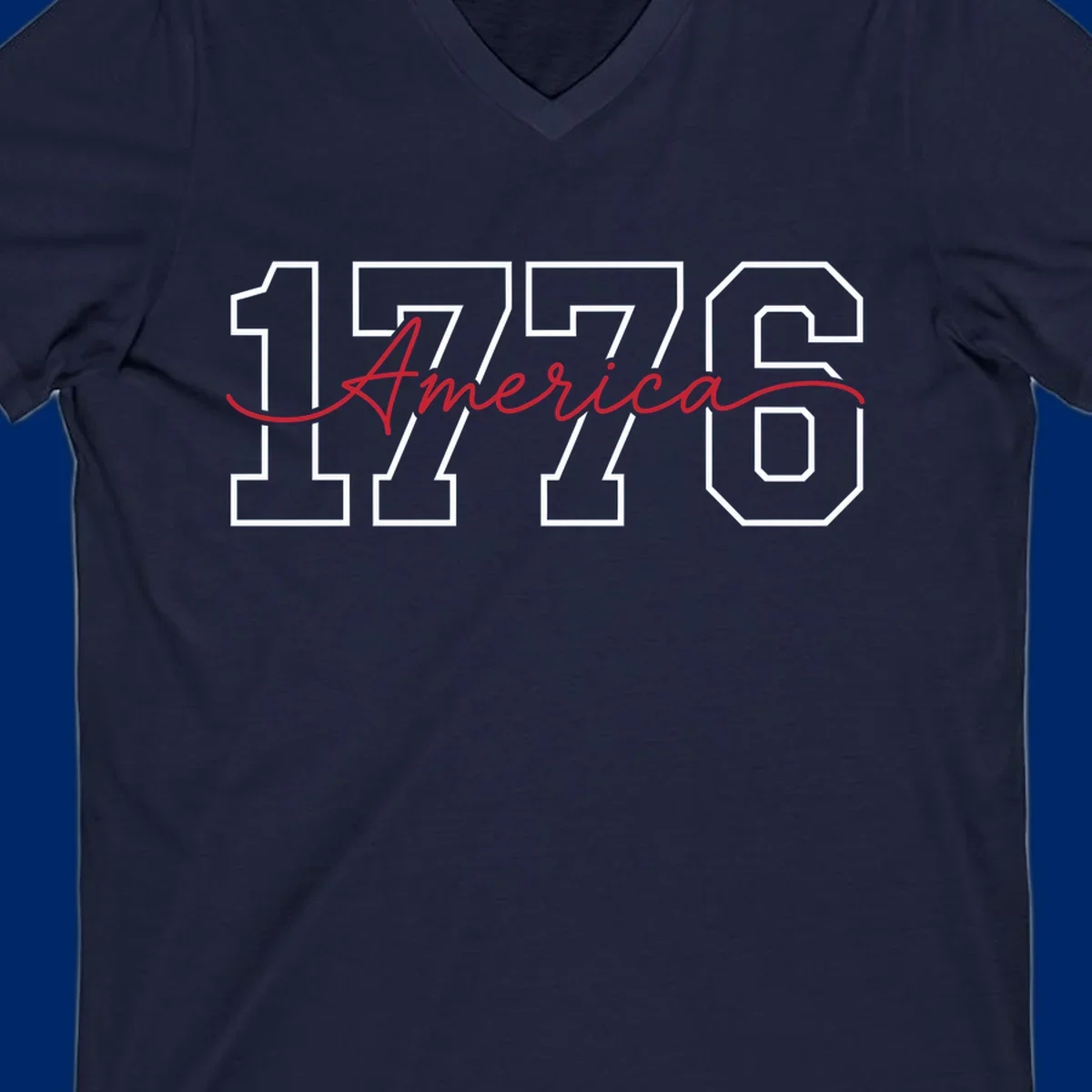 Design featuring '1776' in white block letters with 'America' in red script overlaid, for the Semiquincentennial.