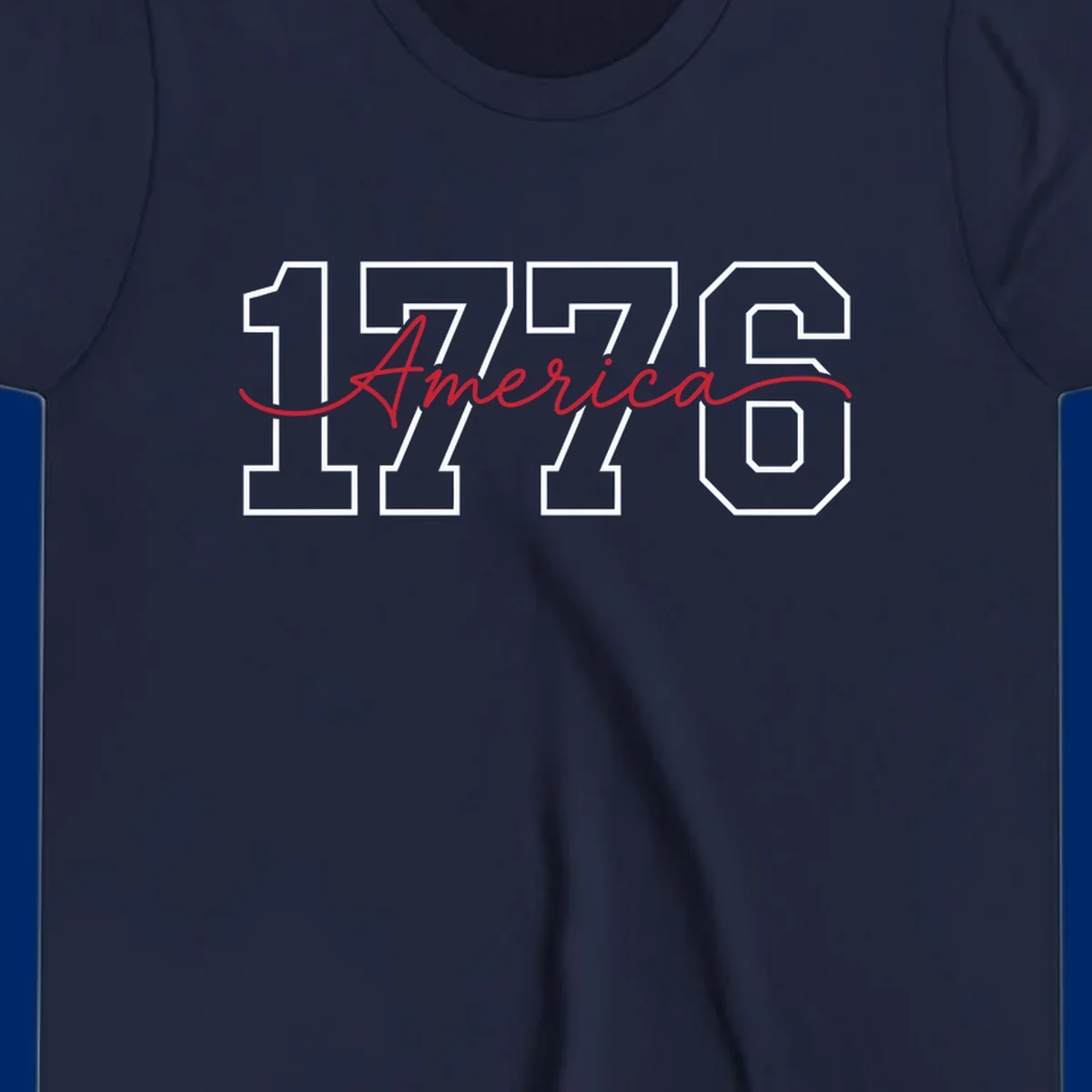 Design featuring '1776' in white block letters with 'America' in red script overlaid, for the Semiquincentennial.