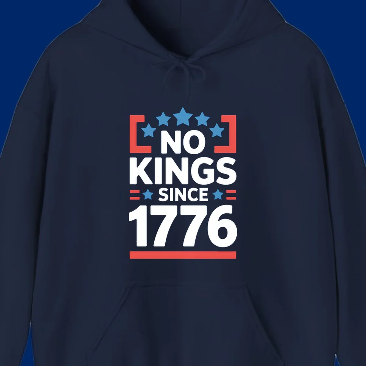 A patriotic design with 'NO KINGS SINCE 1776' text, blue stars, and red stripes, representing the no-kings-since-1776 concept.