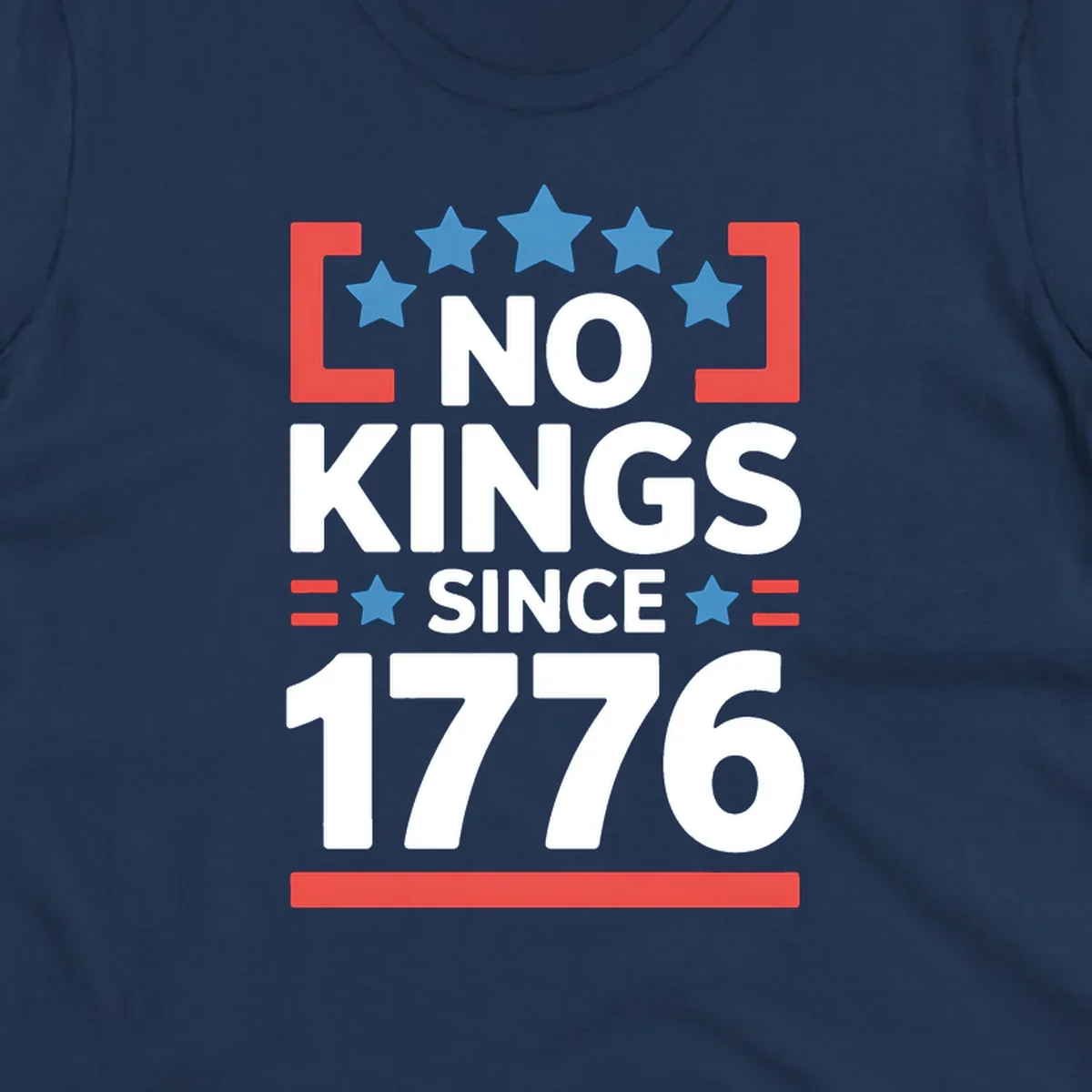 A patriotic design with 'NO KINGS SINCE 1776' text, blue stars, and red stripes, representing the no-kings-since-1776 concept.