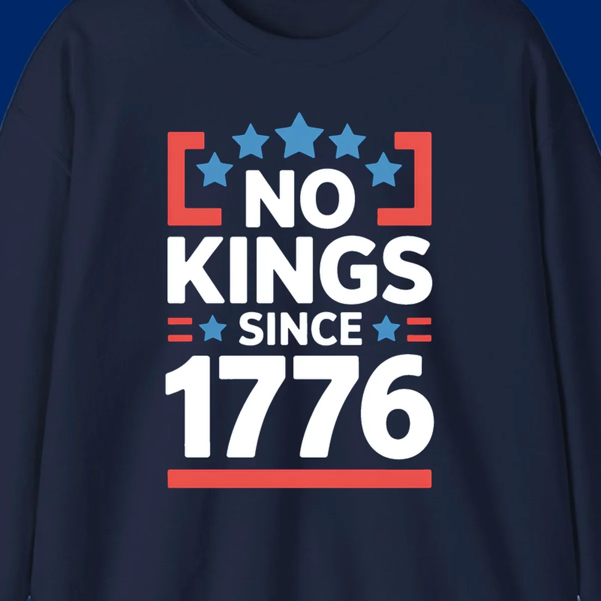 A patriotic design with 'NO KINGS SINCE 1776' text, blue stars, and red stripes, representing the no-kings-since-1776 concept.