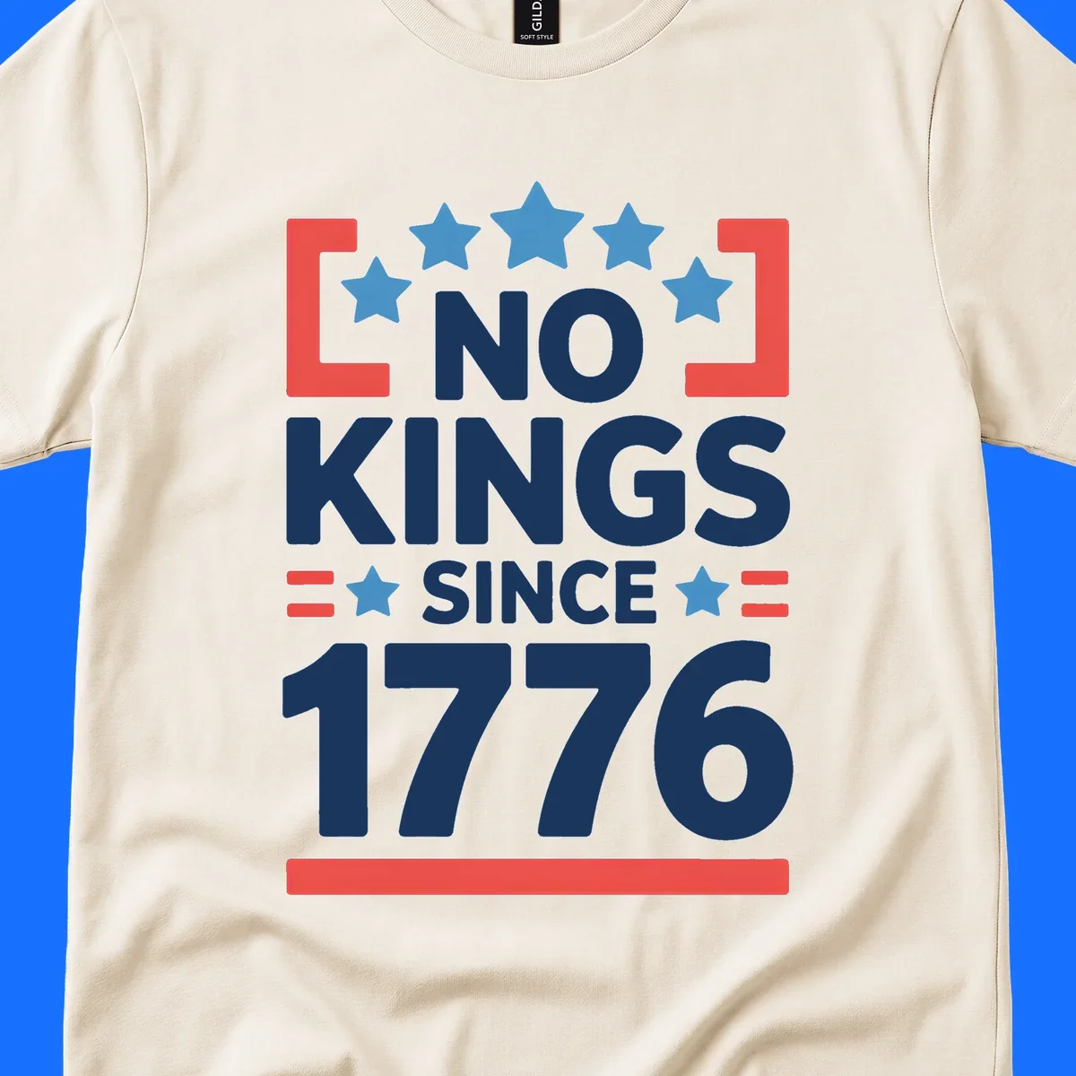 A patriotic design with 'NO KINGS SINCE 1776' text, blue stars, and red stripes, representing the no-kings-since-1776 concept.