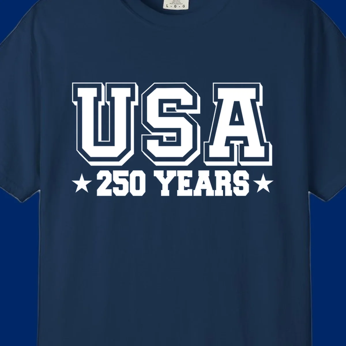Bold black and white design reading 'EST 1776 AMERICA *250 YEARS*' with a star, commemorating America 250th anniversary.
