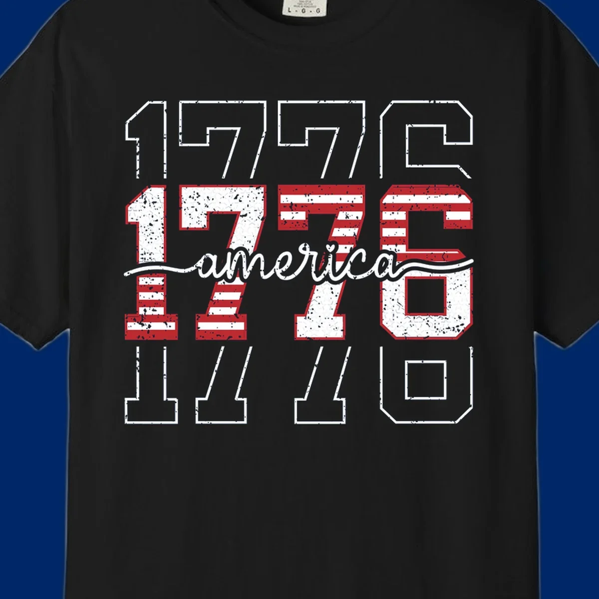 A distressed 1776 patriotic design featuring the year 1776 with red and white stripes and stars inside the numbers.