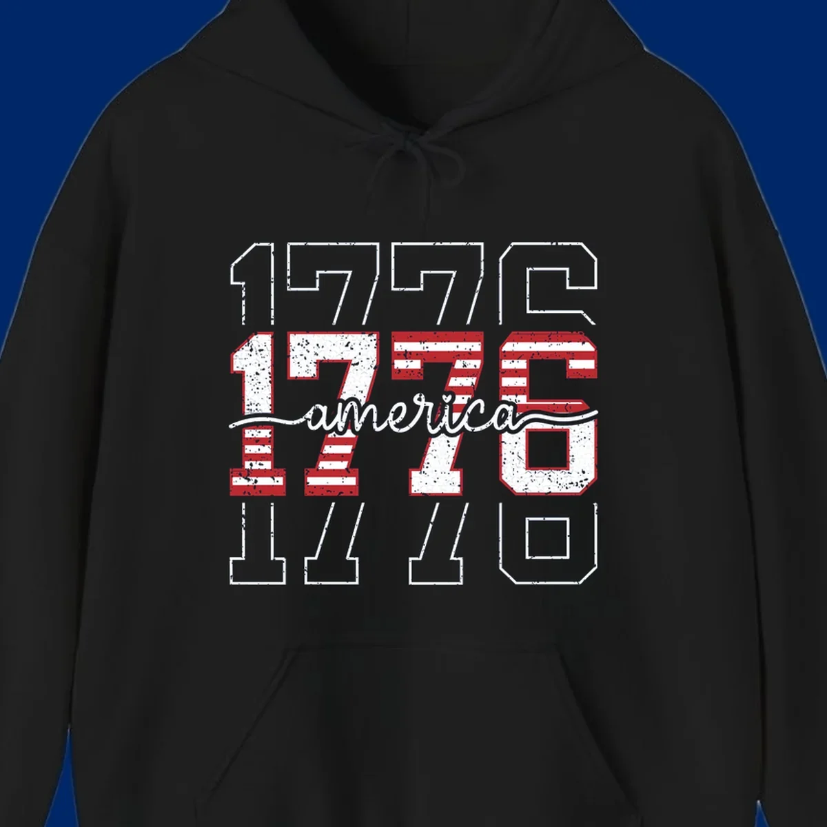A distressed 1776 patriotic design featuring the year 1776 with red and white stripes and stars inside the numbers.
