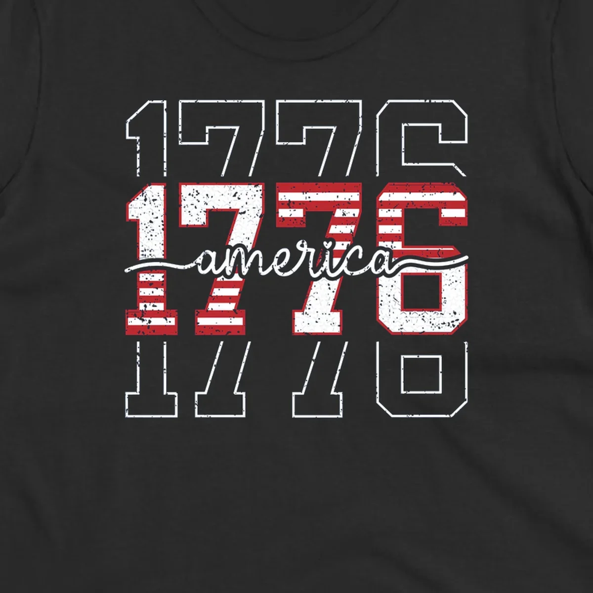 A distressed 1776 patriotic design featuring the year 1776 with red and white stripes and stars inside the numbers.