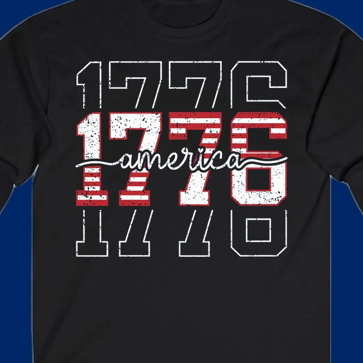 A distressed 1776 patriotic design featuring the year 1776 with red and white stripes and stars inside the numbers.