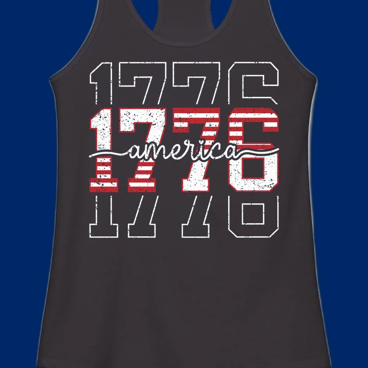 A distressed 1776 patriotic design featuring the year 1776 with red and white stripes and stars inside the numbers.