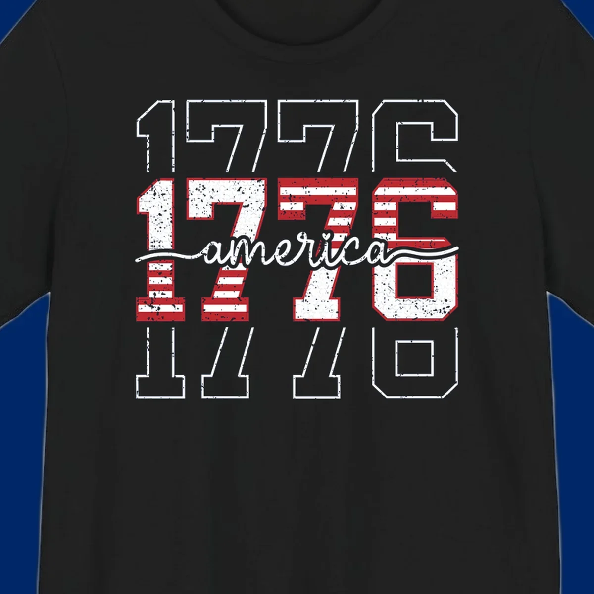 A distressed 1776 patriotic design featuring the year 1776 with red and white stripes and stars inside the numbers.