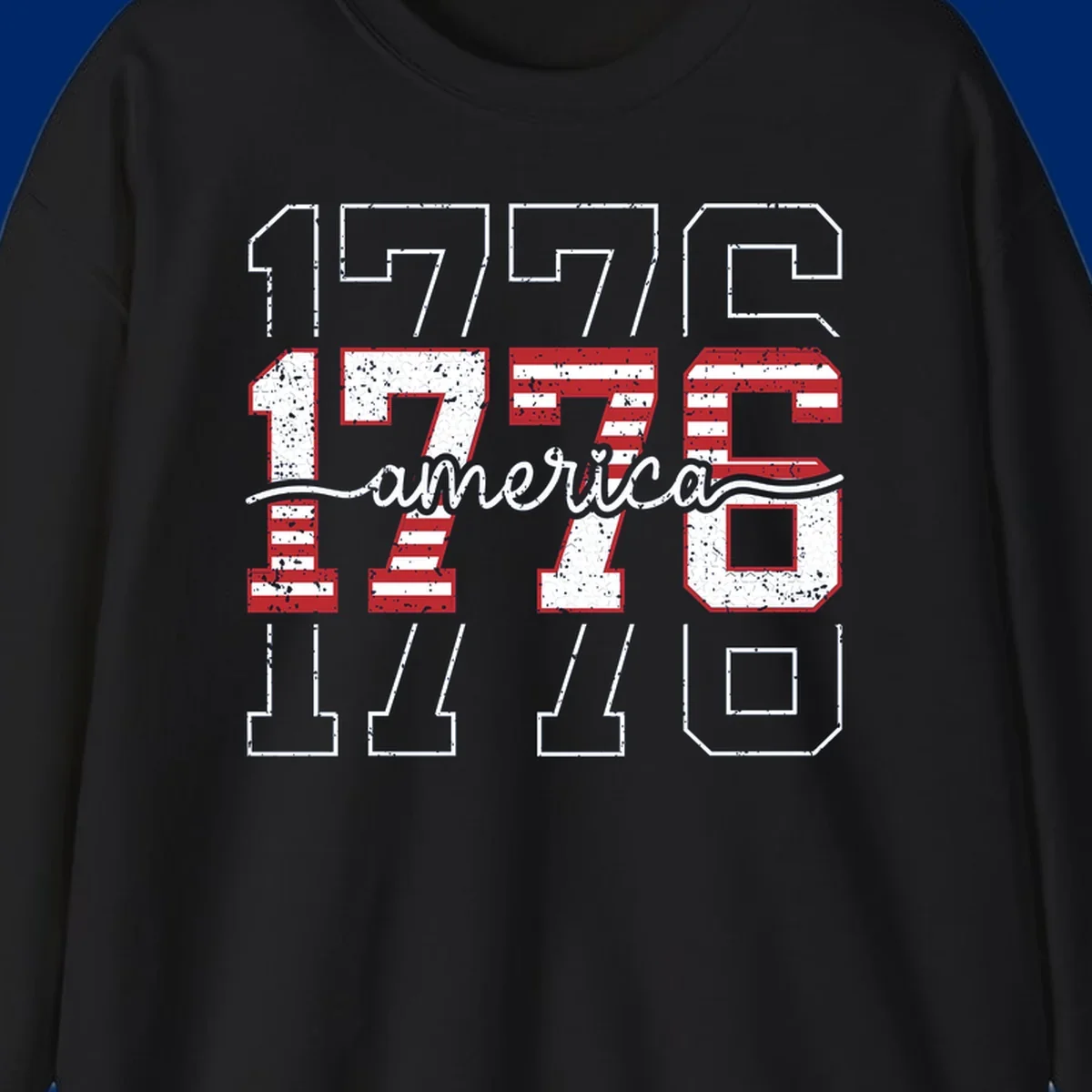 A distressed 1776 patriotic design featuring the year 1776 with red and white stripes and stars inside the numbers.