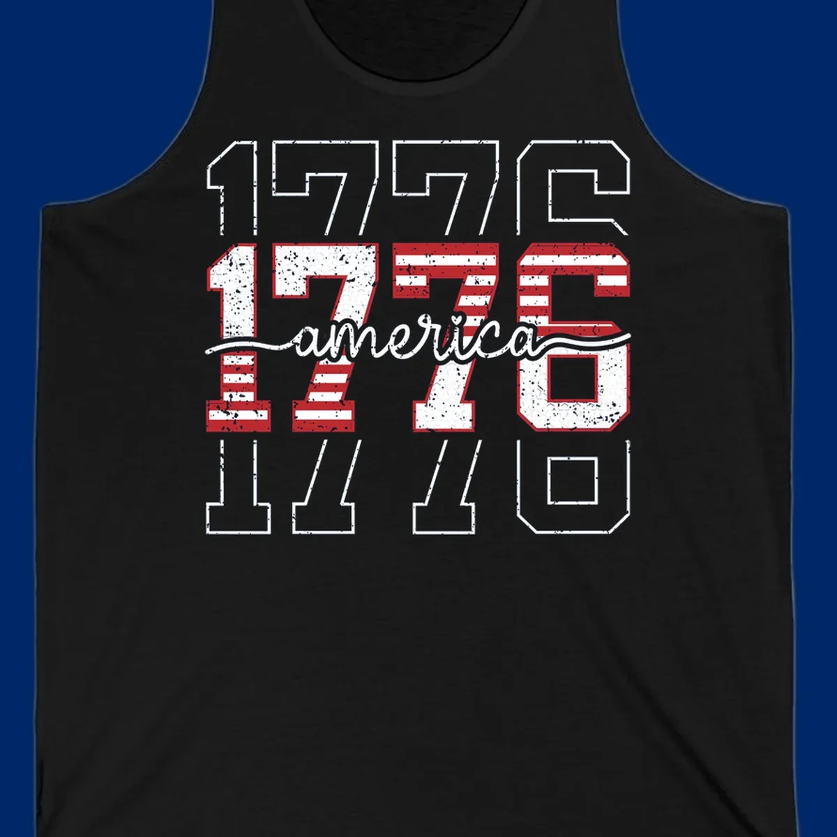 A distressed 1776 patriotic design featuring the year 1776 with red and white stripes and stars inside the numbers.