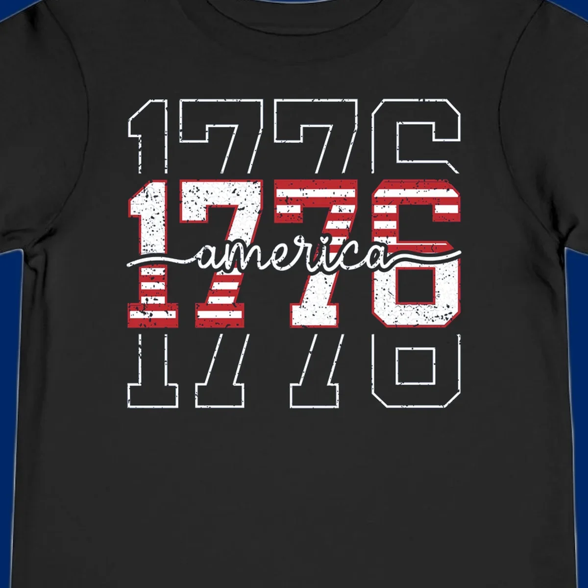 A distressed 1776 patriotic design featuring the year 1776 with red and white stripes and stars inside the numbers.