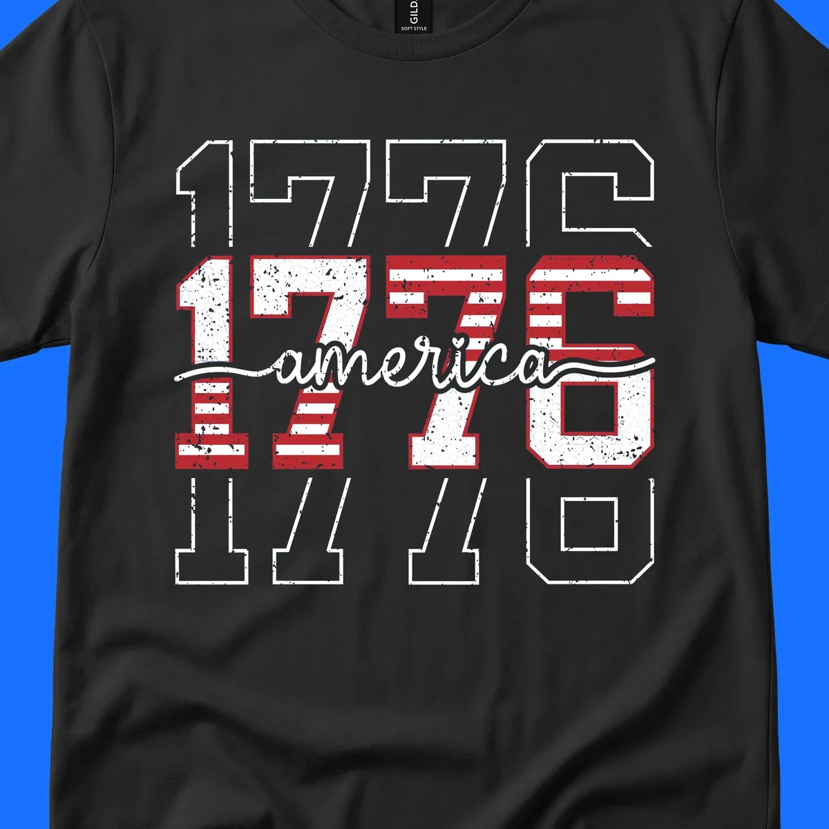 A distressed 1776 patriotic design featuring the year 1776 with red and white stripes and stars inside the numbers.