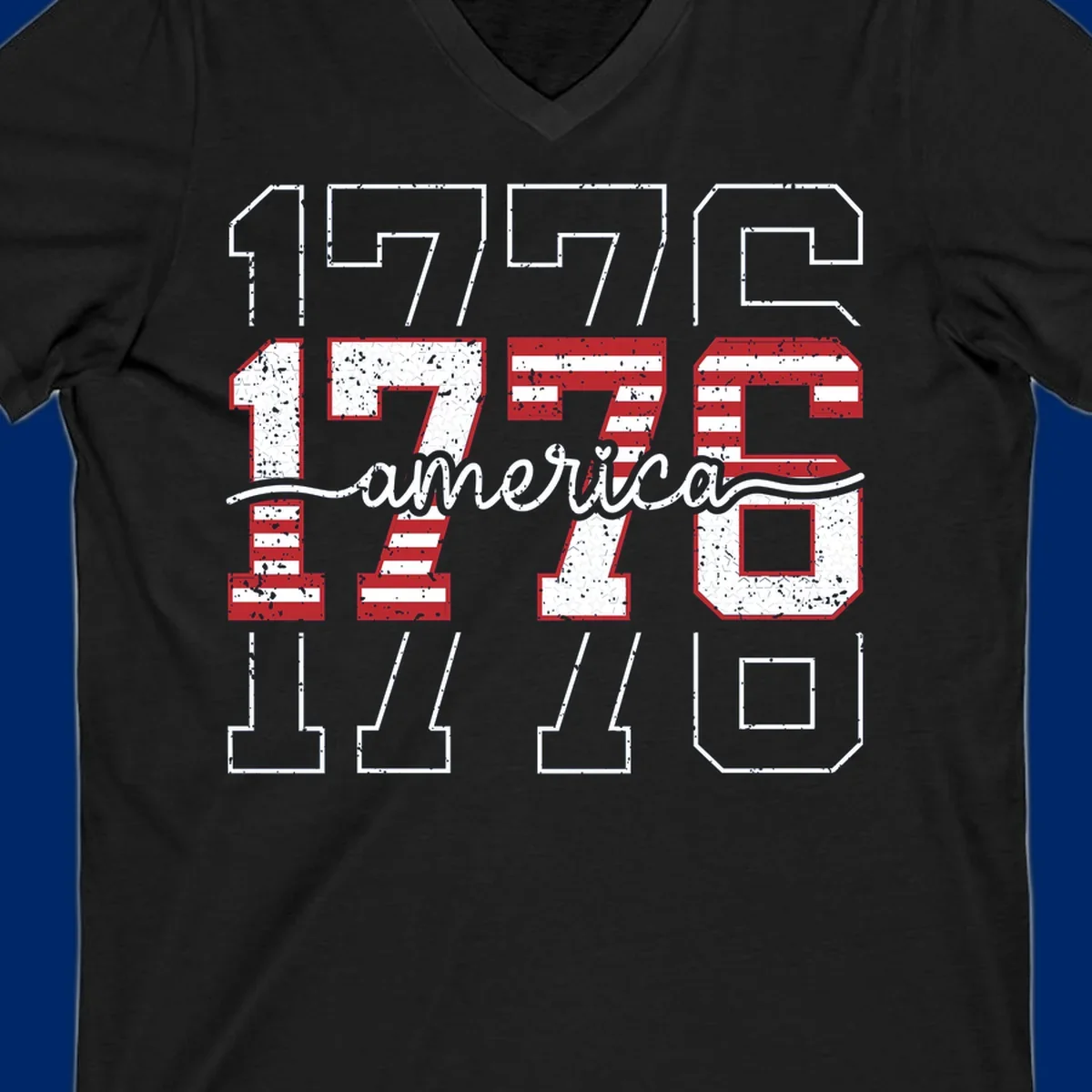A distressed 1776 patriotic design featuring the year 1776 with red and white stripes and stars inside the numbers.