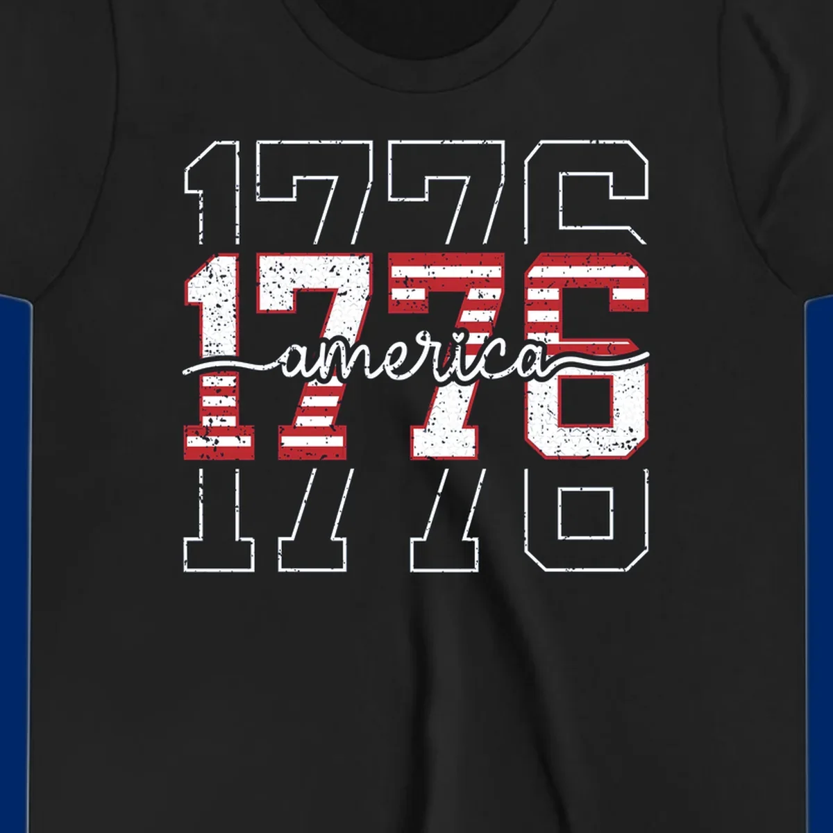 A distressed 1776 patriotic design featuring the year 1776 with red and white stripes and stars inside the numbers.