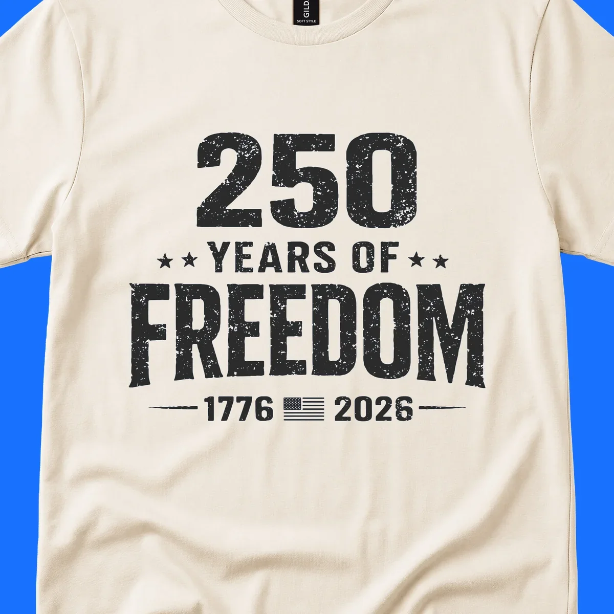 Distressed white text on black reads '250 YEARS OF FREEDOM' with stars, '-1776- American flag -2026-', commemorating 250-years-freedom-anniversary.