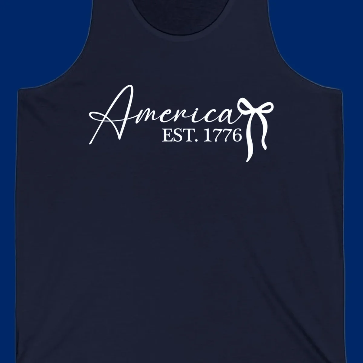 White script text "America" with decorative flourishes above "EST. 1776" in serif font, on a black background. Design for america-est-1776.