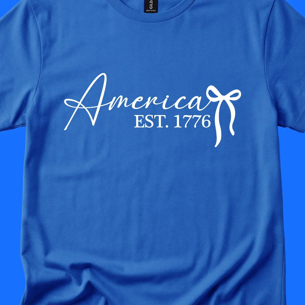 White script text "America" with decorative flourishes above "EST. 1776" in serif font, on a black background. Design for america-est-1776.