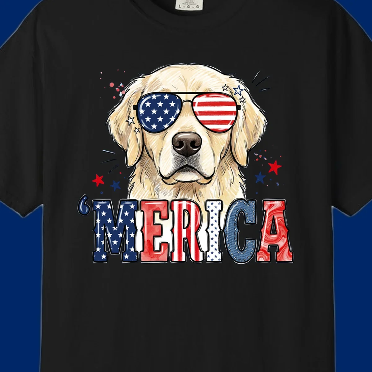 An illustration of a golden retriever wearing American flag sunglasses, with paint splatters and stars, and the text 'MERICA below, celebrating patriotic dog merica.