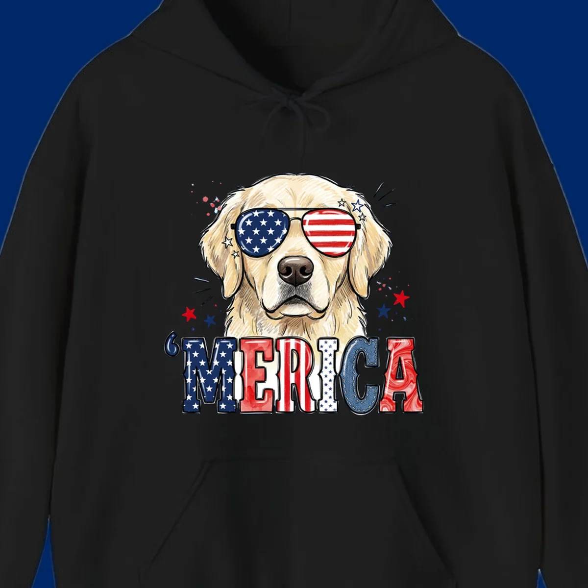 An illustration of a golden retriever wearing American flag sunglasses, with paint splatters and stars, and the text 'MERICA below, celebrating patriotic dog merica.
