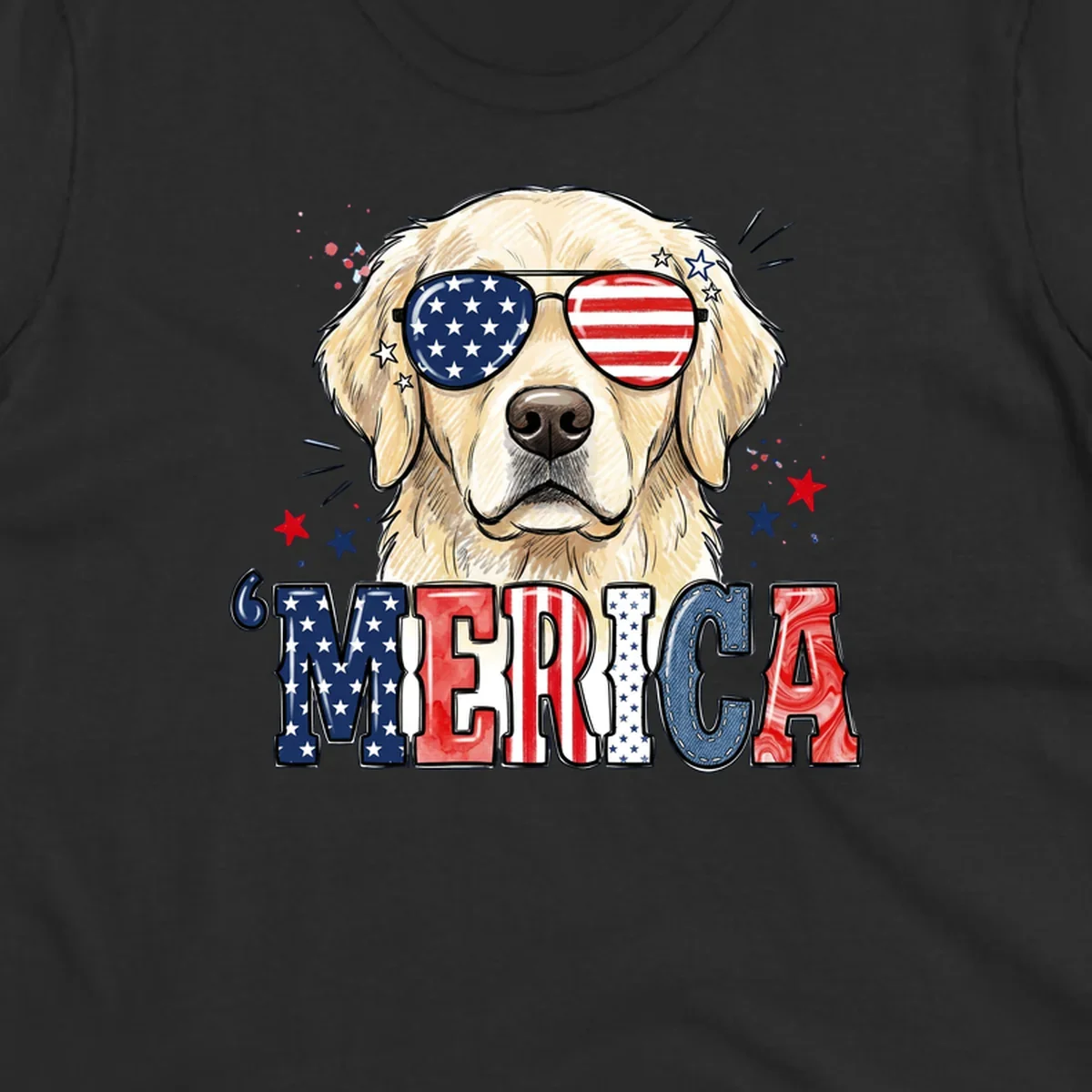 An illustration of a golden retriever wearing American flag sunglasses, with paint splatters and stars, and the text 'MERICA below, celebrating patriotic dog merica.