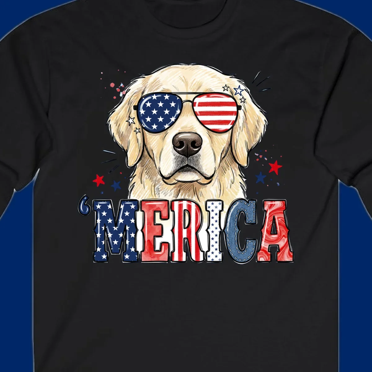 An illustration of a golden retriever wearing American flag sunglasses, with paint splatters and stars, and the text 'MERICA below, celebrating patriotic dog merica.