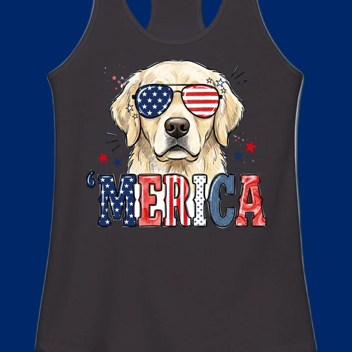 An illustration of a golden retriever wearing American flag sunglasses, with paint splatters and stars, and the text 'MERICA below, celebrating patriotic dog merica.