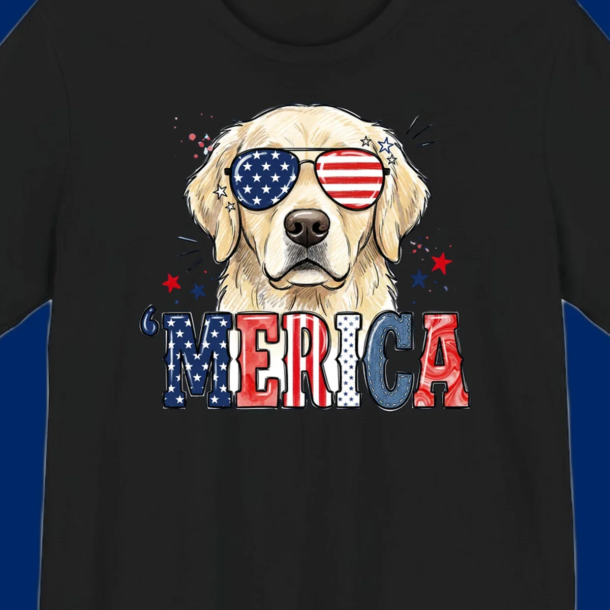 An illustration of a golden retriever wearing American flag sunglasses, with paint splatters and stars, and the text 'MERICA below, celebrating patriotic dog merica.
