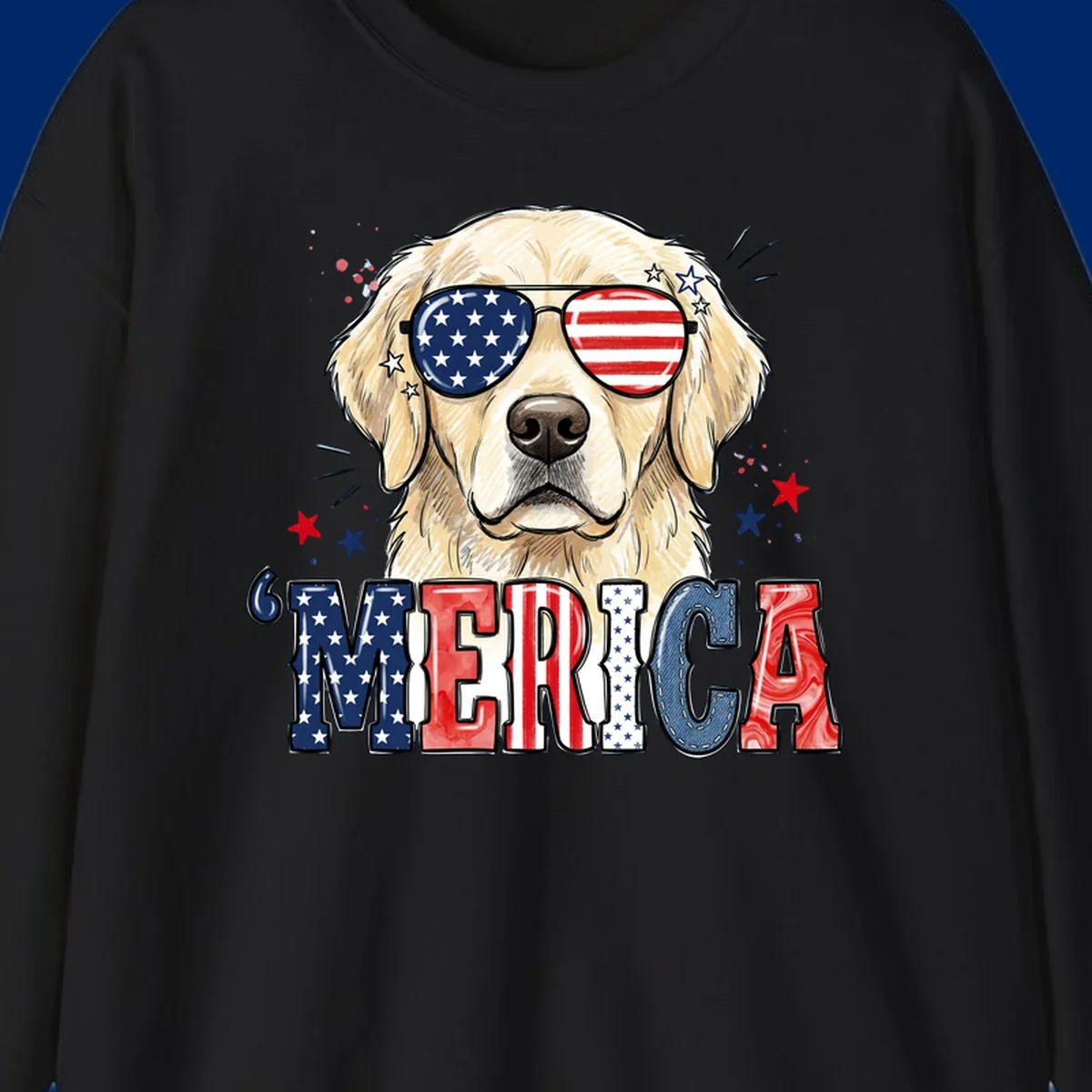 An illustration of a golden retriever wearing American flag sunglasses, with paint splatters and stars, and the text 'MERICA below, celebrating patriotic dog merica.