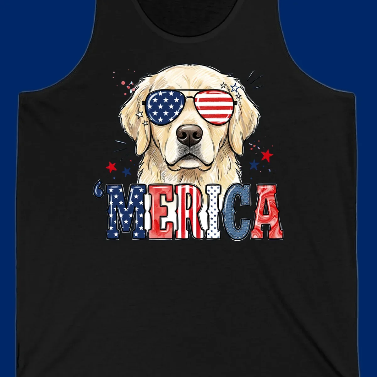 An illustration of a golden retriever wearing American flag sunglasses, with paint splatters and stars, and the text 'MERICA below, celebrating patriotic dog merica.