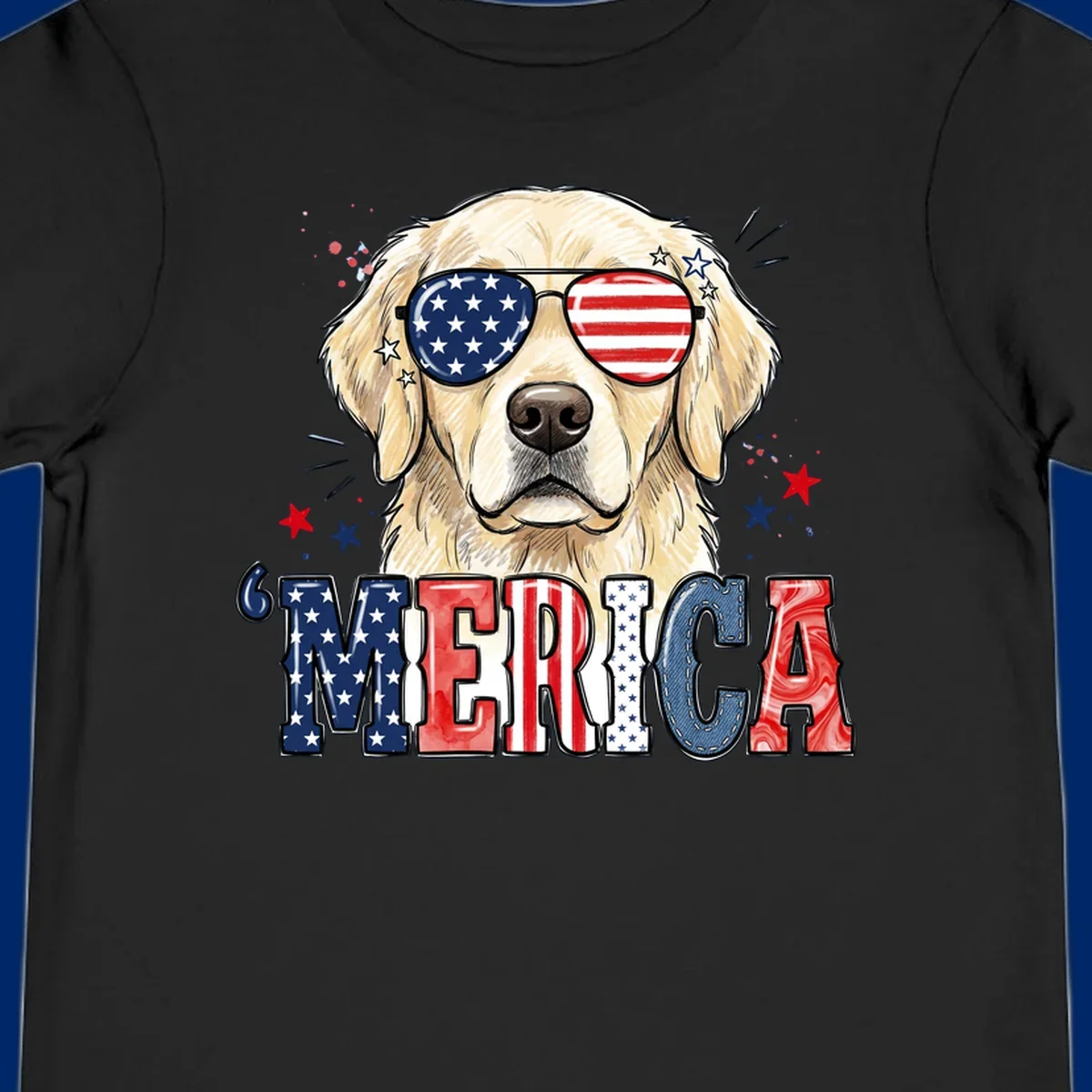 An illustration of a golden retriever wearing American flag sunglasses, with paint splatters and stars, and the text 'MERICA below, celebrating patriotic dog merica.