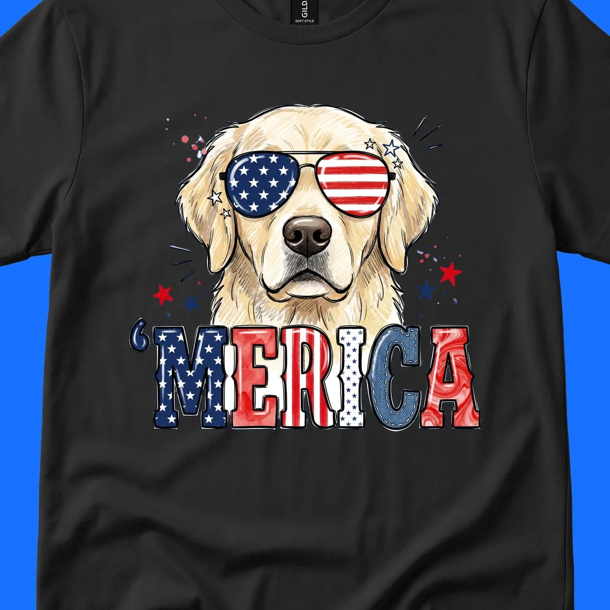 An illustration of a golden retriever wearing American flag sunglasses, with paint splatters and stars, and the text 'MERICA below, celebrating patriotic dog merica.