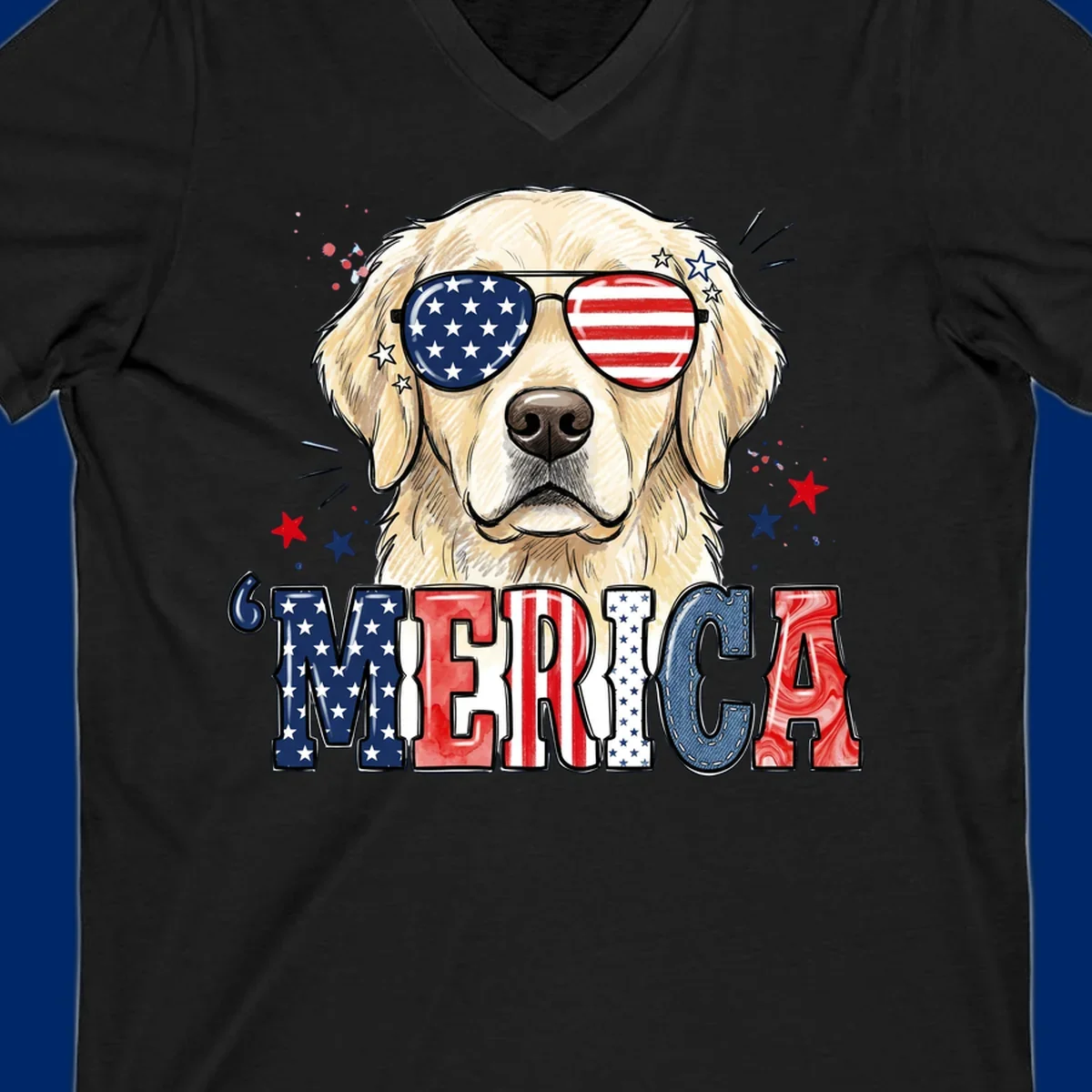 An illustration of a golden retriever wearing American flag sunglasses, with paint splatters and stars, and the text 'MERICA below, celebrating patriotic dog merica.